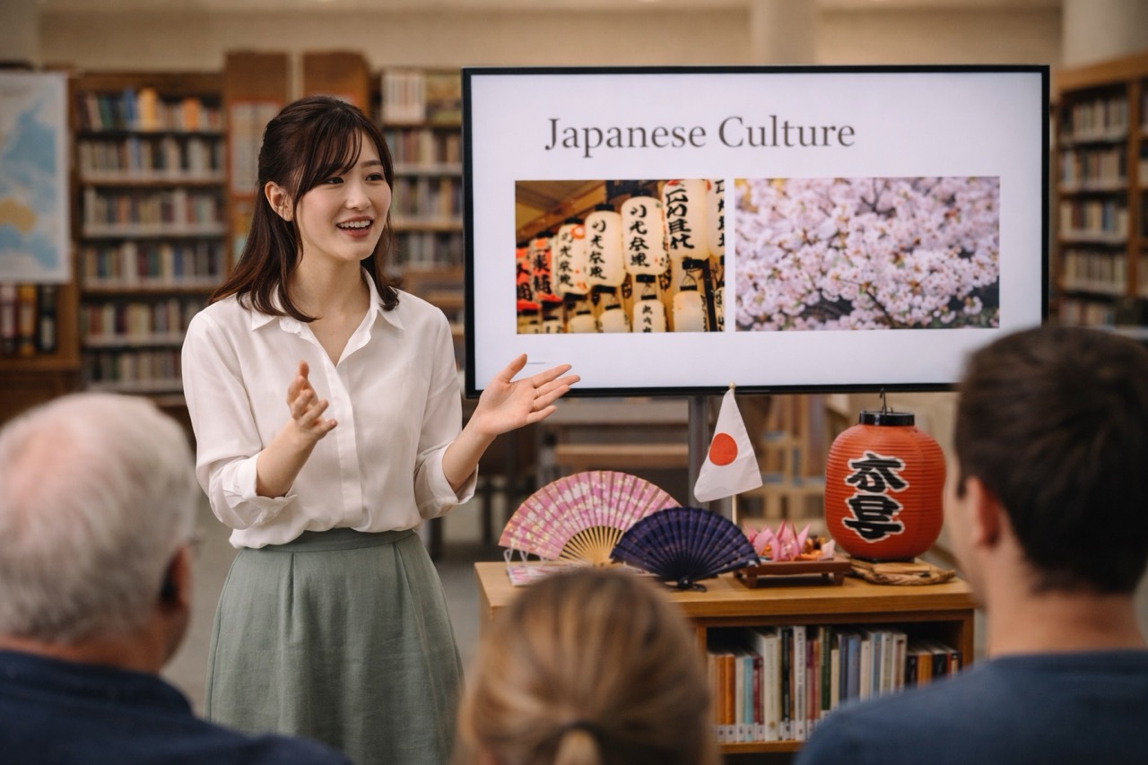Aiko presenting Japanese fans and lanterns while speaking about Japanese culture